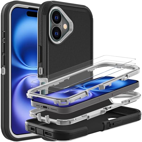 YKHJKLEC Schutzhülle für iPhone 16, Militärqualität, 3-in-1, strapazierfähig, stoßfest, sturzsicher, staubdicht, mit 2 Displayschutzfolien aus gehärtetem Glas (Schwarz/Grau) von YKHJKLEC