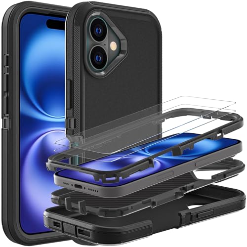 YKHJKLEC Schutzhülle für iPhone 16, Militärqualität, 3-in-1, strapazierfähig, stoßfest, sturzsicher, staubdicht, mit 2 Displayschutzfolien aus gehärtetem Glas (Schwarz/Schwarz) von YKHJKLEC
