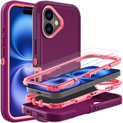 YKHJKLEC Schutzhülle für iPhone 16, Militärqualität, 3-in-1, strapazierfähig, stoßfest, sturzsicher, staubdicht, mit 2 Displayschutzfolien aus gehärtetem Glas (Violett/Rosa) von YKHJKLEC