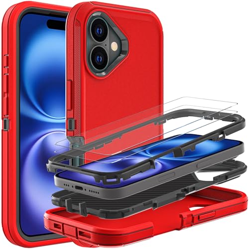 YKHJKLEC Schutzhülle für iPhone 16, Militärqualität, 3-in-1, strapazierfähig, stoßfest, sturzsicher, staubdicht, mit 2 Displayschutzfolien aus gehärtetem Glas (rot/schwarz) von YKHJKLEC