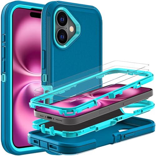 YKHJKLEC Schutzhülle für iPhone 16 Plus, Militärqualität, 3-in-1, strapazierfähig, stoßfest, sturzsicher, staubdicht, mit 2 Displayschutzfolien aus gehärtetem Glas (Blau/Türkis) von YKHJKLEC