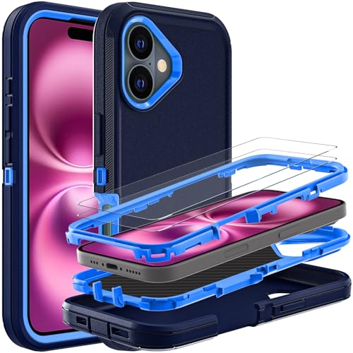 YKHJKLEC Schutzhülle für iPhone 16 Plus, Militärqualität, 3-in-1, strapazierfähig, stoßfest, sturzsicher, staubdicht, mit 2 Displayschutzfolien aus gehärtetem Glas (Marineblau) von YKHJKLEC