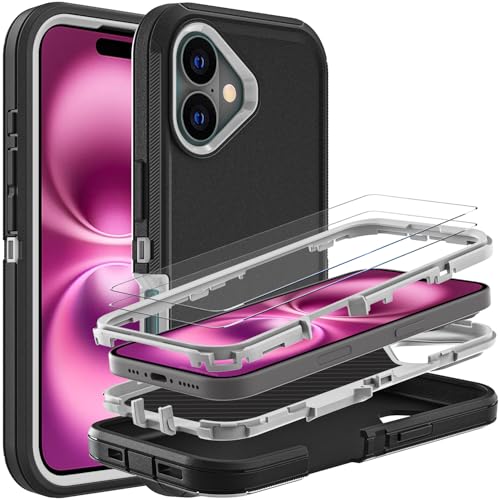 YKHJKLEC Schutzhülle für iPhone 16 Plus, Militärqualität, 3-in-1, strapazierfähig, stoßfest, sturzsicher, staubdicht, mit 2 Displayschutzfolien aus gehärtetem Glas (Schwarz/Grau) von YKHJKLEC