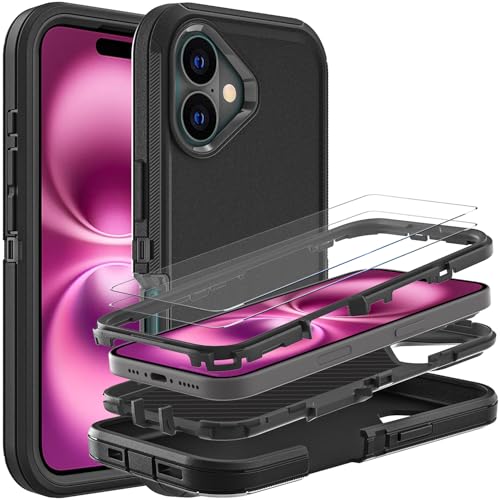 YKHJKLEC Schutzhülle für iPhone 16 Plus, Militärqualität, 3-in-1, strapazierfähig, stoßfest, sturzsicher, staubdicht, mit 2 Displayschutzfolien aus gehärtetem Glas (Schwarz/Schwarz) von YKHJKLEC