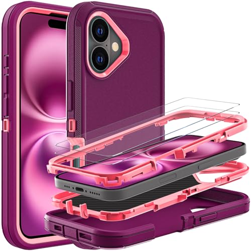 YKHJKLEC Schutzhülle für iPhone 16 Plus, Militärqualität, 3-in-1, strapazierfähig, stoßfest, sturzsicher, staubdicht, mit 2 Displayschutzfolien aus gehärtetem Glas (Violett/Rosa) von YKHJKLEC