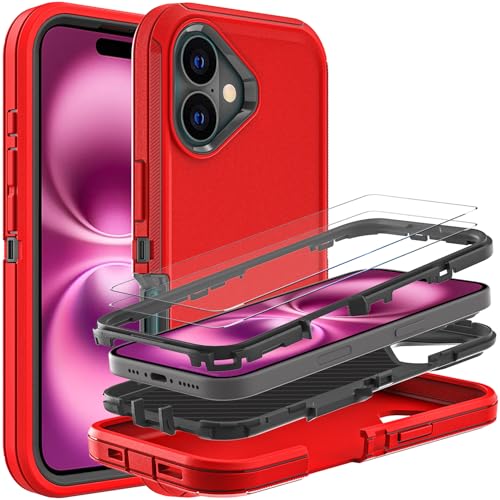 YKHJKLEC Schutzhülle für iPhone 16 Plus, Militärqualität, 3-in-1, strapazierfähig, stoßfest, sturzsicher, staubdicht, mit 2 Displayschutzfolien aus gehärtetem Glas (rot/schwarz) von YKHJKLEC