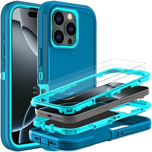 YKHJKLEC Schutzhülle für iPhone 16 Pro, Militärqualität, 3-in-1, strapazierfähig, stoßfest, sturzsicher, staubdicht, mit 2 Displayschutzfolien aus gehärtetem Glas (Blau/Türkis) von YKHJKLEC