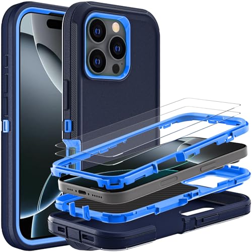 YKHJKLEC Schutzhülle für iPhone 16 Pro, Militärqualität, 3-in-1, strapazierfähig, stoßfest, sturzsicher, staubdicht, mit 2 Displayschutzfolien aus gehärtetem Glas (Marineblau) von YKHJKLEC