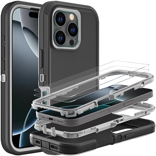 YKHJKLEC Schutzhülle für iPhone 16 Pro, Militärqualität, 3-in-1, strapazierfähig, stoßfest, sturzsicher, staubdicht, mit 2 Displayschutzfolien aus gehärtetem Glas (Schwarz/Grau) von YKHJKLEC