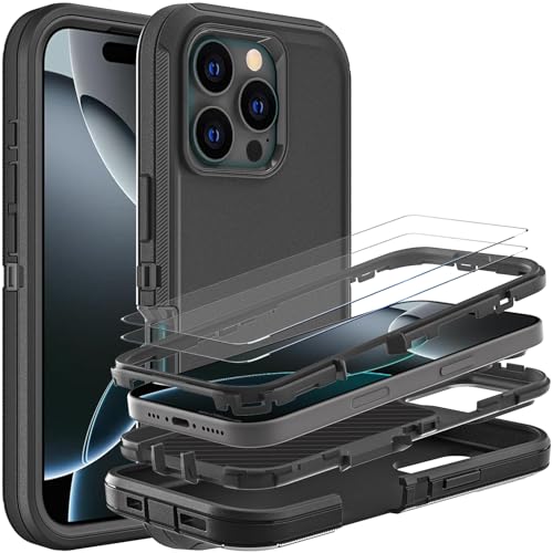 YKHJKLEC Schutzhülle für iPhone 16 Pro, Militärqualität, 3-in-1, strapazierfähig, stoßfest, sturzsicher, staubdicht, mit 2 Displayschutzfolien aus gehärtetem Glas (Schwarz/Schwarz) von YKHJKLEC
