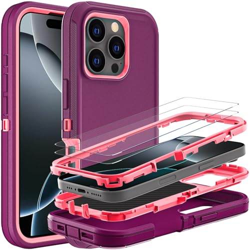 YKHJKLEC Schutzhülle für iPhone 16 Pro, Militärqualität, 3-in-1, strapazierfähig, stoßfest, sturzsicher, staubdicht, mit 2 Displayschutzfolien aus gehärtetem Glas (Violett/Rosa) von YKHJKLEC