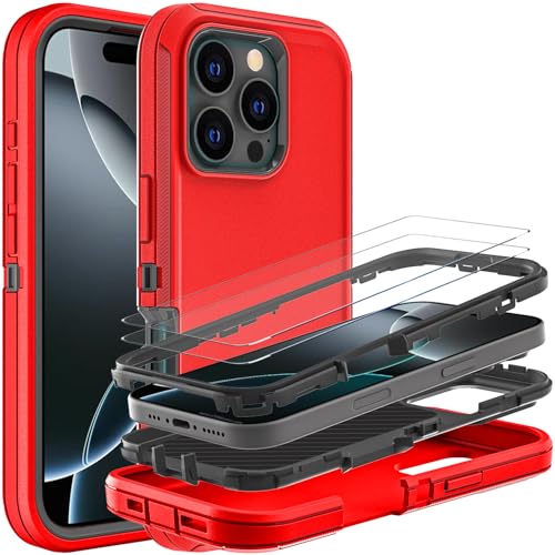 YKHJKLEC Schutzhülle für iPhone 16 Pro, Militärqualität, 3-in-1, strapazierfähig, stoßfest, sturzsicher, staubdicht, mit 2 Displayschutzfolien aus gehärtetem Glas (rot/schwarz) von YKHJKLEC
