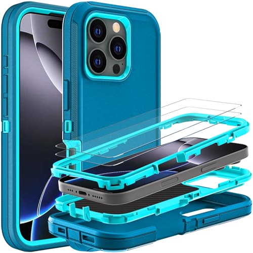 YKHJKLEC Schutzhülle für iPhone 16 Pro Max, Militärqualität, 3-in-1, strapazierfähig, stoßfest, sturzsicher, staubdicht, mit 2 Displayschutzfolien aus gehärtetem Glas (Blau/Türkis) von YKHJKLEC