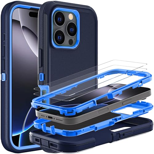 YKHJKLEC Schutzhülle für iPhone 16 Pro Max, Militärqualität, 3-in-1, strapazierfähig, stoßfest, sturzsicher, staubdicht, mit 2 Displayschutzfolien aus gehärtetem Glas (Marineblau) von YKHJKLEC