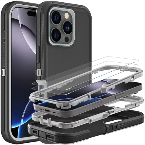 YKHJKLEC Schutzhülle für iPhone 16 Pro Max, Militärqualität, 3-in-1, strapazierfähig, stoßfest, sturzsicher, staubdicht, mit 2 Displayschutzfolien aus gehärtetem Glas (Schwarz/Grau) von YKHJKLEC
