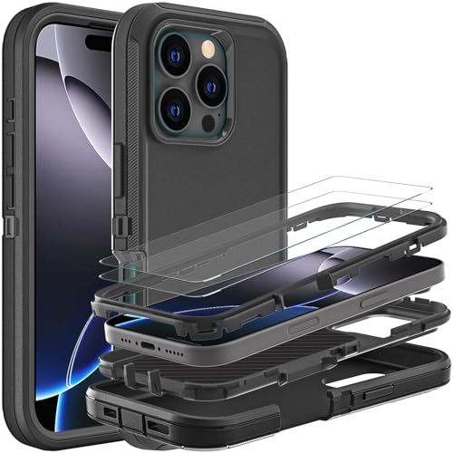 YKHJKLEC Schutzhülle für iPhone 16 Pro Max, Militärqualität, 3-in-1, strapazierfähig, stoßfest, sturzsicher, staubdicht, mit 2 Displayschutzfolien aus gehärtetem Glas (Schwarz/Schwarz) von YKHJKLEC