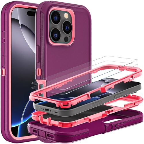 YKHJKLEC Schutzhülle für iPhone 16 Pro Max, Militärqualität, 3-in-1, strapazierfähig, stoßfest, sturzsicher, staubdicht, mit 2 Displayschutzfolien aus gehärtetem Glas (Violett/Rosa) von YKHJKLEC