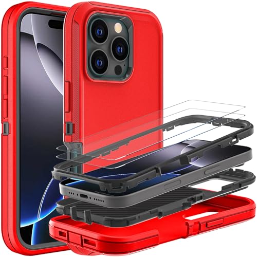 YKHJKLEC Schutzhülle für iPhone 16 Pro Max, Militärqualität, 3-in-1, strapazierfähig, stoßfest, sturzsicher, staubdicht, mit 2 Displayschutzfolien aus gehärtetem Glas (rot/schwarz) von YKHJKLEC