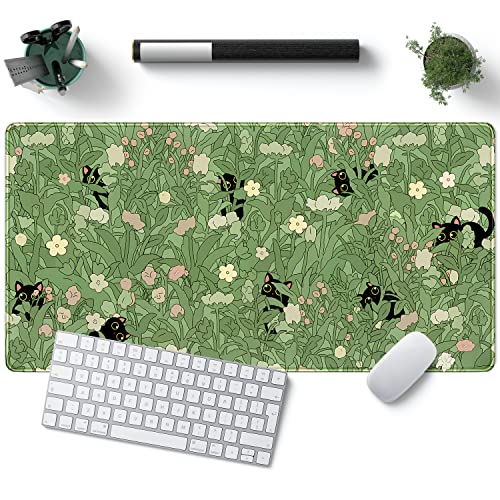 Grüne Schreibtischunterlage XL Katze Niedliche Pflanze Coole Schreibtischunterlage Tastaturmatte Kawaii Schwarze Katze Blume Mauspad Grün Schreibtischunterlage Schreibtischdekoration mit genähten von YKJWW