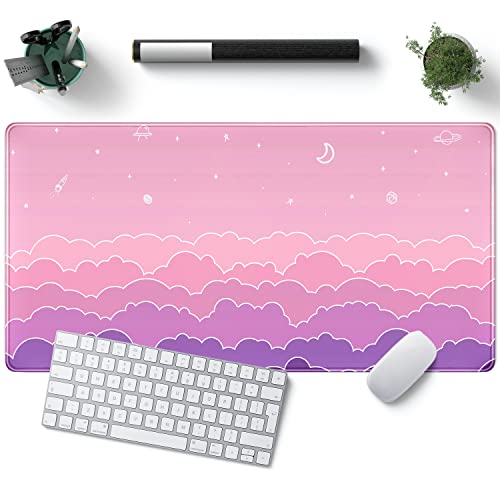 Kawaii Mauspad Schreibtisch Gaming Zubehör Niedliche Wolken Xxl Mauspad Rosa Anime Büro Dekor Schreibtisch Mousepad Groß, 80 x 39,9 cm Erweiterte Tastatur Mauspad für Schreibtisch Mädchen mit genähten von YKJWW