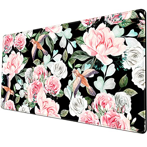 Schreibtischunterlage, großes Mauspad, Bürodekoration, für Frauen, Blume und Vogel, handbemalt, Designer-Mauspad, 80 x 40 cm, weich, niedlich, extra groß, XXL, wasserdicht, dick, Maus- und von YKJWW