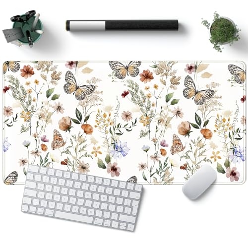 Schreibtischunterlage, Mauspad, Weiß, Blumen, großes Mauspad, XL, Tastatur-Computer, Gaming-Mauspad, mit genähtem Rand, für Zuhause, lustige Bürodekoration, Schreibtischmatte, 80 x 40 cm Schreibtischunterlage, Mauspad, Weiß, Blumen, großes Mauspad, XL, Tastatur-Computer, Gaming-Mauspad, mit genähtem Rand, für Zuhause, lustige Bürodekoration, Schreibtischmatte, 80 x 40 cm von YKJWW