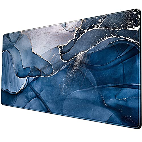 XL-Mauspad, Gaming-Mauspad, 80 x 40 cm, Blau, Roségold, Marmor, Weiß, große rutschfeste Gummiunterseite, mit genähten Kanten, wasserdichtes Tastatur-Mauspad, Schreibtischunterlage für die Arbeit von YKJWW