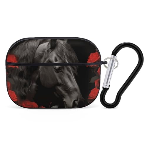 Schutzhülle für AirPods Pro, schwarzes Pferd auf einem Hintergrund von roten Rosen, AirPods Pro 2/Pro, Zubehör mit Schlüsselanhänger, Front-LED, sichtbar, unterstützt kabelgebundenes oder kabelloses Schutzhülle für AirPods Pro, schwarzes Pferd auf einem Hintergrund von roten Rosen, AirPods Pro 2/Pro, Zubehör mit Schlüsselanhänger, Front-LED, sichtbar, unterstützt kabelgebundenes oder kabelloses von YKLBV
