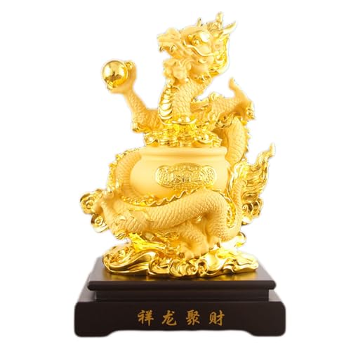 YKMYXZ， 16,9 Zoll große Drachenstatue, Skulptur, Figuren, chinesisches Feng Shui, Sternzeichen, Drachen-Dekor(Gold) von YKMYXZ