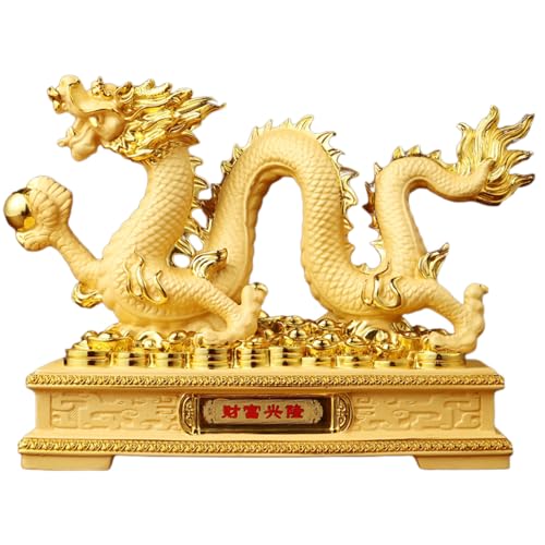YKMYXZ， Chinesische Drachenstatue aus Harz, chinesische Feng-Shui-Sternzeichen-Drachenfigur, Dekoration for Glück und Reichtum, Gold, groß(Gold,L) von YKMYXZ