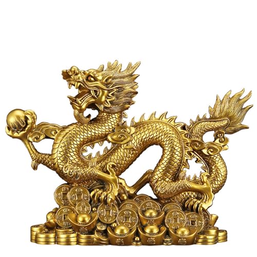 YKMYXZ， Chinesische Feng Shui-Sternzeichen-Drachenstatue, Glücksbringer, chinesische Sternzeichen-Tierstatue, goldenes Drachenornament for die Schreibtischdekoration, groß(M) von YKMYXZ