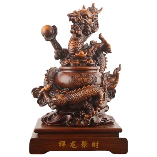YKMYXZ， Drachenfiguren mit chinesischem Tierkreiszeichen – handgeschnitzte Drachenskulptur, Jahr des Drachen, Geschenk, Heim-Schreibtisch-Dekoration, Gold-Klein(Brown,M) von YKMYXZ