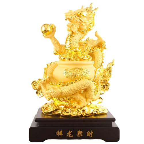 YKMYXZ， Drachenfiguren mit chinesischem Tierkreiszeichen – handgeschnitzte Drachenskulptur, Jahr des Drachen, Geschenk, Heim-Schreibtisch-Dekoration, Gold-Klein(Gold,S) von YKMYXZ