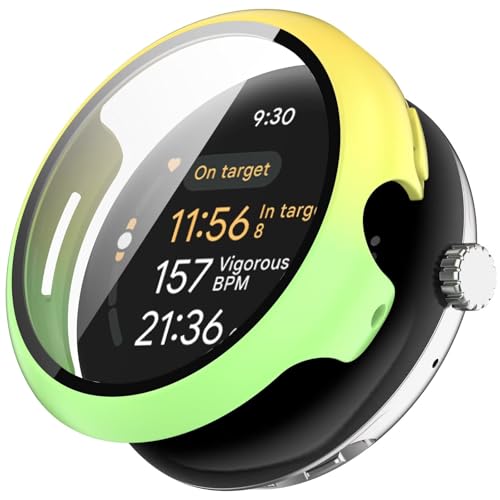 YKNIUFLY Hülle Kompatibel mit Google Pixel Watch 3 45mm, PC + Bildschirm Gehärtete Folie Integriert, Anti-Fall, Uhrenschutzhülle Kompatibel mit Google Pixel Watch 3 45mm.(Gelbgrün) von YKNIUFLY