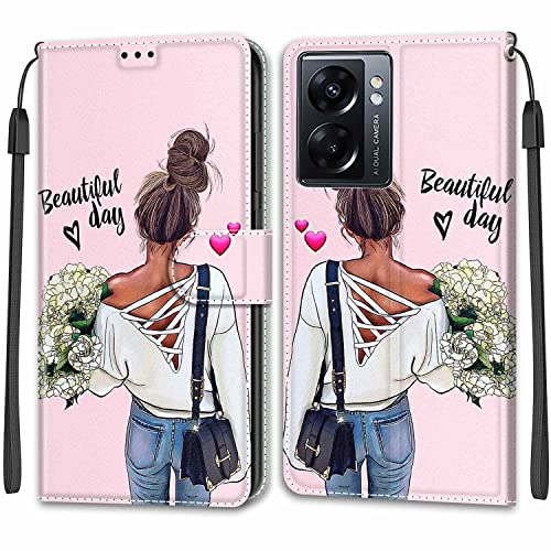 Klapphülle Karikatur PU Schutzhülle Flip Cover Wallet Standfunktion Karteneinschub Magnetverschluß Etui Handy Hülle PU Leder Stoßfeste Tasche Cover für Oppo A57/A77/Realme Q5i/Narzo 50 5G,Mädchen von YKTO