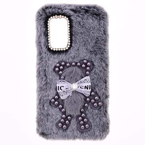 YKTO Flauschig Warme Handyhülle Xiaomi Redmi Note 12 Pro 4G Silikonhülle Faux Pelz Cute Pearl Bear Girl Ladies Shiny Diamond Phone Case Weiche und Bequeme Kunstplüsch Telefonhülle,Grizzly Pearl von YKTO