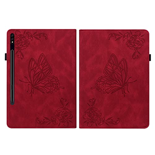 YKTO Flip-Tablet-Tasche für Samsung Galaxy Tab S7 FE Stand-Tablet-Tasche mit Kartenschlitz und Reißverschlussfach Book Folio Tablet-Tasche,Rot von YKTO