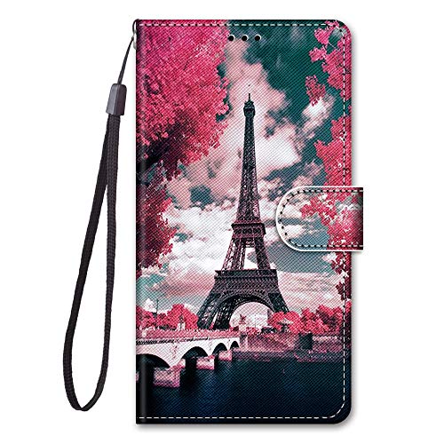 YKTO Gemalt Malerei Brieftasche für XiaomiRedmi 11A/12C Kartensteckplatz Etui SchutzHülle Handytasche Kartenfach Ständer Wallet Cover Magnetisch Stoßfest Schutz für Redmi 12C,Pink Flower Tower Bridge von YKTO