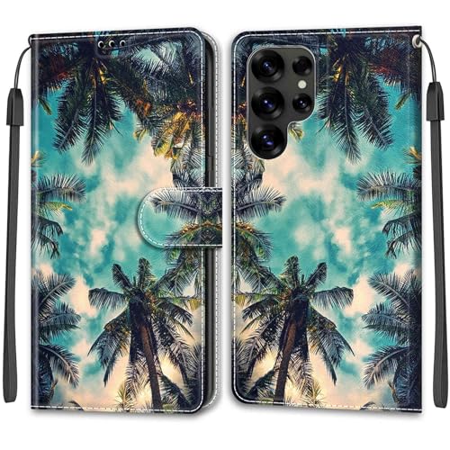 YKTO Gemalt Muster Flip HandyHülle für Samsung Galaxy S25 Ultra Phone Case Flip Brieftasche Kartenhalter Magnetschnalle Ständer Stoßfest Kratzfest Stoßstange Hülle für Samsung S25 Ultra,Kokosnussbaum von YKTO