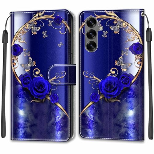 YKTO Gemalte Flip HandyHüllen für Samsung Galaxy S25+ Kartensteckplatz Handytasche Phone Cases Brieftasche PU Leder Hülle Magnetisch Stoßfest Schutz Standfunktion Tasche für Samsung S25+,Blaue Rose von YKTO