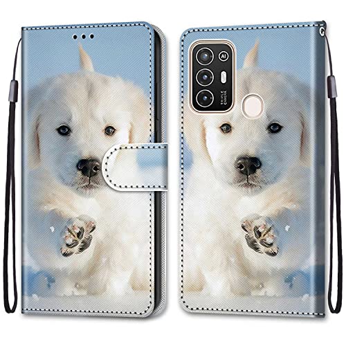 YKTO Gemalte PU Flip Cover Wallet für ZTE Blade A52 im Book Style Standfunktion Karteneinschub und Magnetverschluß Etui Handy Hülle PU Leder Stoßfeste Tasche Cover für ZTE Blade A52,Weißer Hund von YKTO