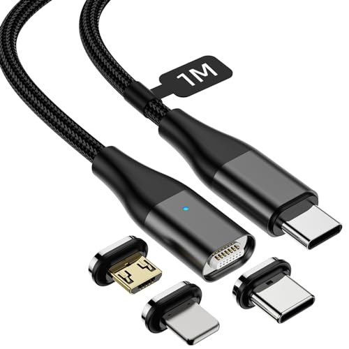 YKZ USB C Magnetisches Ladekabel 1M, 60W PD Schnellladen, Magnetisches Kabel mit 3 Wechselspitzen (Type C, Micro USB, i-Product), Kompatibel mit Smartphones und Tablets von YKZ