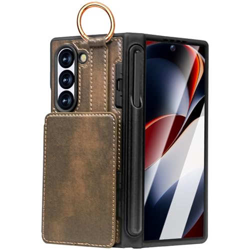 YLFFFZXK Lederhülle für Samsung Galaxy Z Fold 6, Flip RFID Blocking Wallet Case mit Stiftschlitz Standfunktion Business Stoßfeste Hülle Braun von YLFFFZXK