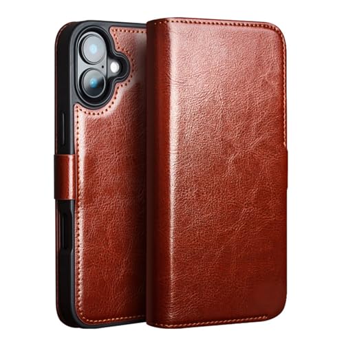 YLFFFZZZ Klapphülle für iPhone 16 Pro Max/16 Pro/16 Plus/16, Echtleder, mit Kartenfach und Ständer, stoßfest, Brieftaschenabdeckung, Braun, 16 Pro von YLFFFZZZ