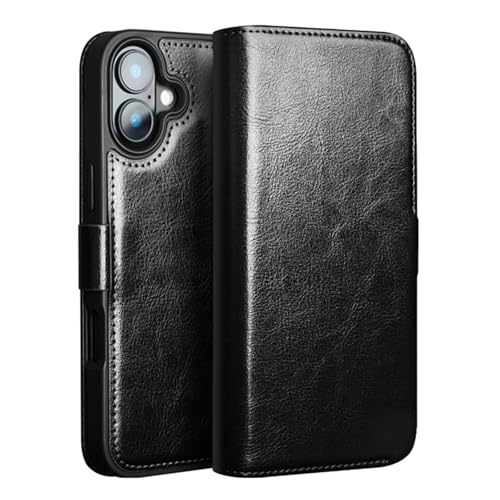 YLFFFZZZ Klapphülle für iPhone 16 Pro Max/16 Pro/16 Plus/16, Echtleder, mit Kartenfach und Ständer, stoßfest, Brieftaschenabdeckung, Schwarz, 16 Pro von YLFFFZZZ