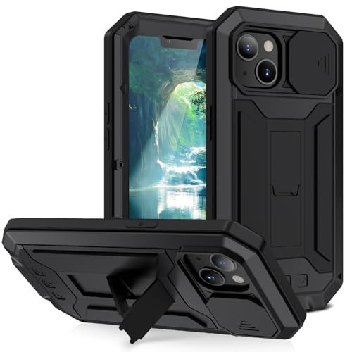 YLFFFZZZ Metall-Schutzhülle für iPhone 16/16 Plus/16 Pro/16 Pro Max, Schiebeobjektivabdeckung, Displayschutzfolie mit Ständer, stoßfest, Militärhülle von YLFFFZZZ