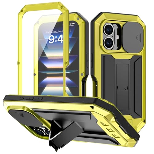 YLFFFZZZ Metall-Schutzhülle für iPhone 16/16 Plus/16 Pro/16 Pro Max, Schiebeobjektivabdeckung, Displayschutzfolie mit Ständer, stoßfest, Militärhülle von YLFFFZZZ