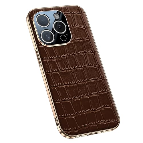 YLFFFZZZ Schutzhülle aus echtem Leder für iPhone 16 Pro Max/16 Pro/16, schlank, luxuriös, Business-Krokodilmuster, galvanisierte Hülle, All-Inclusive-Objektivschutz, Braun, 16 Pro von YLFFFZZZ