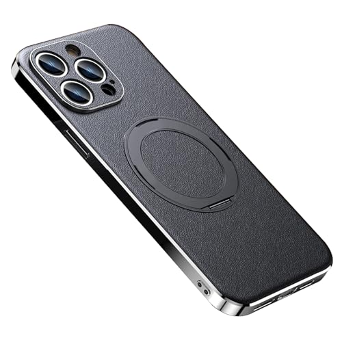 YLFFFZZZ Schutzhülle aus echtem Leder für iPhone 16 Pro Max/16 Pro/16 Plus/16, magnetischer Drehständer, galvanisierte Hülle mit Kameraschutzabdeckung, Schwarz, 16 Plus von YLFFFZZZ