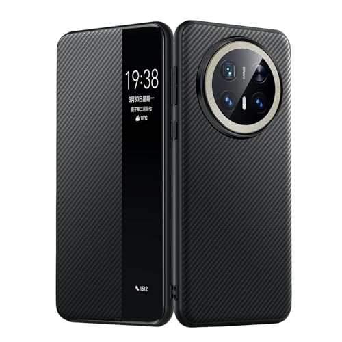 YLFFFZZZ Schutzhülle für Huawei Mate 70 Pro, Smart Sleep/Wake-Up-Funktion, klares Sichtfenster, schlanke, harte Polycarbonat-Klapphülle mit Karbonfaser-Textur von YLFFFZZZ